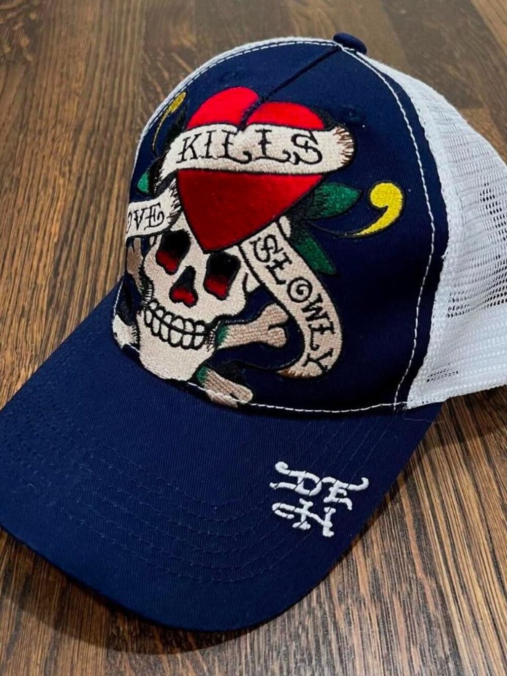 ed hardy navy blue skull heart multi-colored “love kills slowly” hat